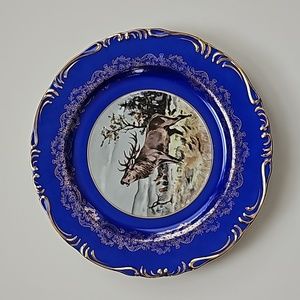 Vintage Hachiya Brothers Hand Painted Bugling Bull Elk Porcelain Plate, Japan